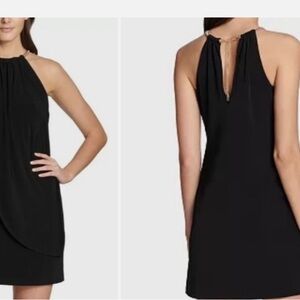 Kensie Black Halter Cocktail Dress Petal-Paneled Dress Gold Chain Neck Sz 12